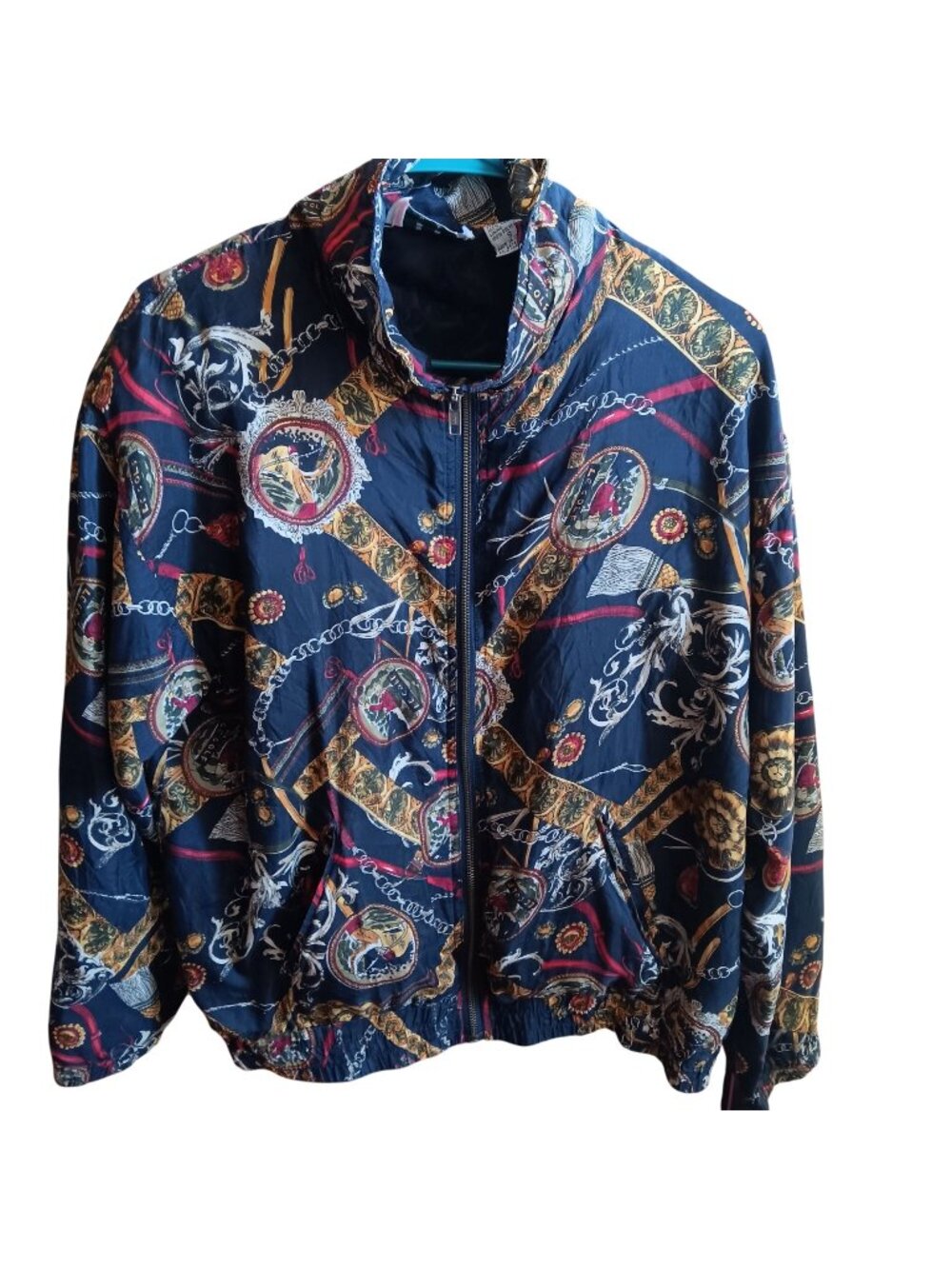Vintage Small EVR Silk Jacket Equestrian Print Full Zip Elastic Hem 1990s